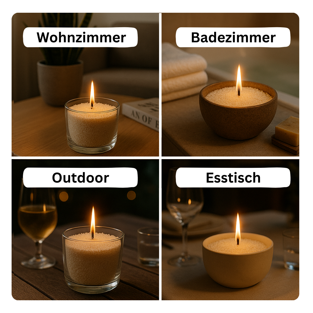 Vier stimmungsvolle Szenen mit Candelly Kerzensand: Im Wohnzimmer in einem Glasgefäß, im Badezimmer in einer Schale neben Handtüchern und Seife, Outdoor auf einem Tisch mit Weingläsern sowie auf einem festlich gedeckten Esstisch. Beschriftungen im Bild: Wohnzimmer, Badezimmer, Outdoor, Esstisch.