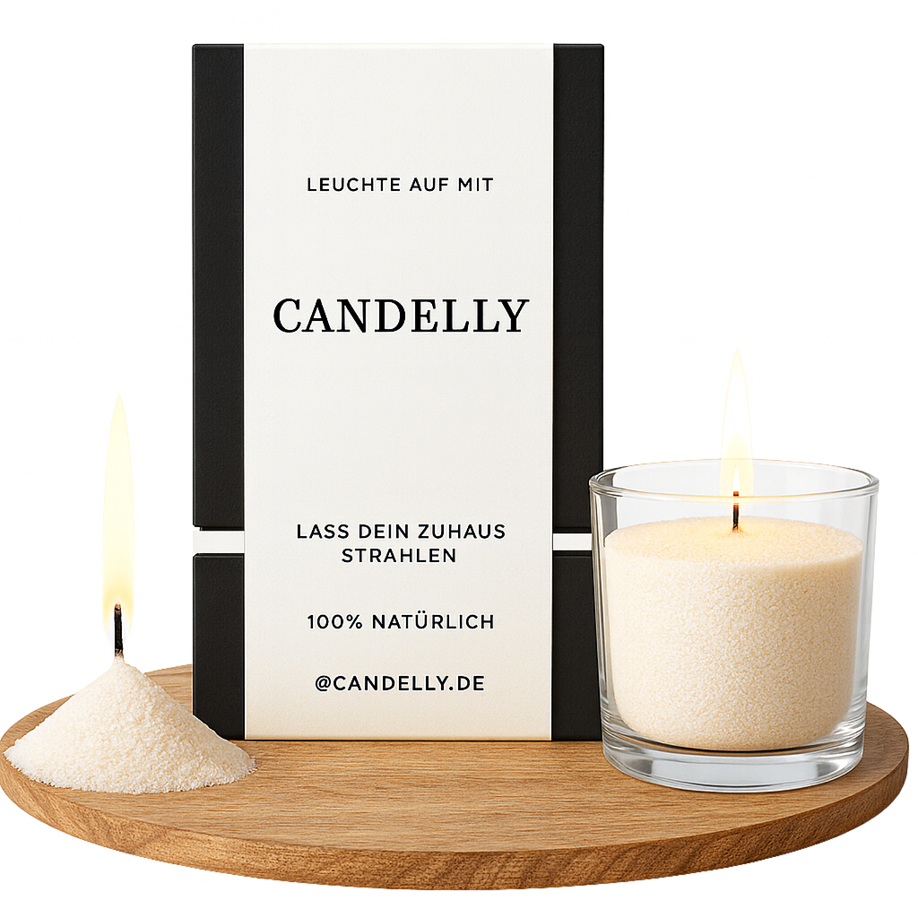 Candlely Kerzensand auf einem runden Holztablett: ein brennender Kegel aus Kerzensand neben einer Glas-Kerze und einer Candlely-Verpackung mit der Aufschrift ‚Leuchte auf mit Candlely – Lass dein Zuhause strahlen – 100 % natürlich – @candlely.de‘.