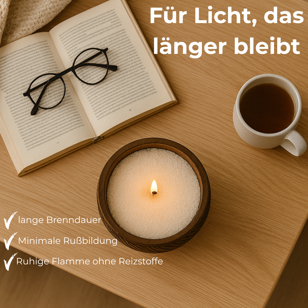 Eine brennende Duftkerze in einer Holzschale steht auf einem hellen Holztisch neben einer Tasse Tee und einem geöffneten Buch mit Brille. Text im Bild: ‚Für Licht, das länger bleibt‘ sowie Häkchen mit den Punkten ‚lange Brenndauer‘, ‚minimale Rußbildung‘ und ‚ruhige Flamme ohne Reizstoffe‘.
