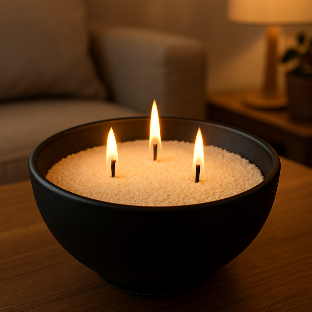 Schwarze Schale mit drei brennenden Dochten, die in einer körnigen, wachsähnlichen Sand stecken, auf einem Holztisch in gemütlicher Wohnzimmer-Atmosphäre.
