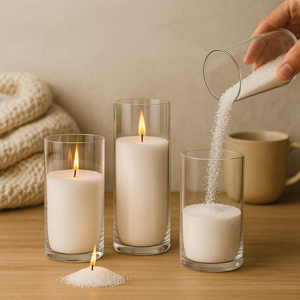 Drei weiße Kerzen in Gläsern auf Holztisch, mit dekorativem Zucker gefüllt, gemütliche Wohnungsdeko im skandinavischen Stil
