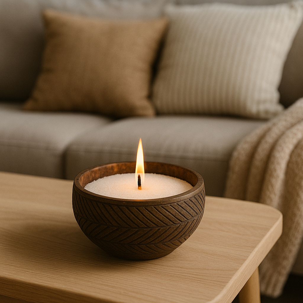 Eine brennende Sandkerze aus weißem Kerzensand in einer dekorativen braunen Schale steht auf einem Holztisch vor einem Sofa mit Kissen und Decke und sorgt für eine warme, gemütliche Atmosphäre.