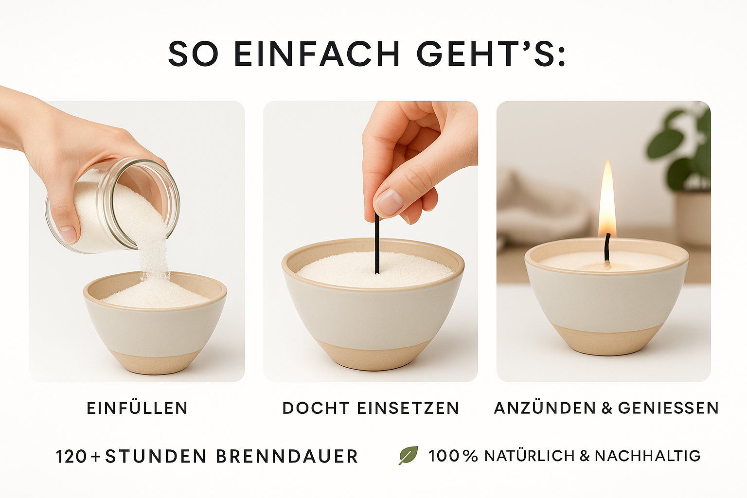Schritt-für-Schritt-Anleitung für die Candelly Sandkerze: Kerzensand in die Schale einfüllen, Docht einsetzen und die Sandkerze anzünden; einfache Anwendung, 120+ Stunden Brenndauer, 100 % natürlich und nachhaltig.